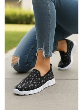 Celestial Star Moon Stretch Knit Slip-On Sneakers Color Contrasting Casual Shoes